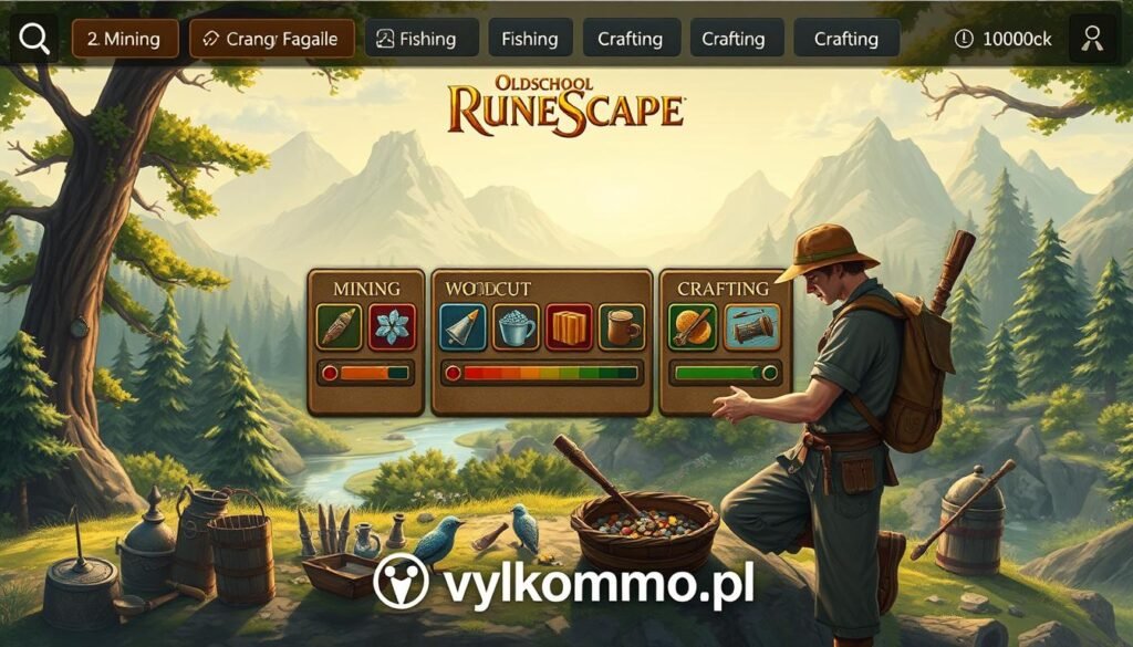 A detailed illustration of an "Oldschool Runescape" skills system interface, prominently featuring various skills like mining, fishing, woodcutting, and crafting. In the foreground, depict an adventurer in modest, casual attire skillfully engaging in a crafting activity, surrounded by colorful materials and tools. The middle layer should showcase skill icons and progress bars in a vintage gaming style, with a nostalgic pixel art aesthetic. In the background, illustrate a fantasy landscape reminiscent of the game's world, with lush forests, rivers, and mountains under soft, diffused sunlight. The atmosphere should evoke a sense of adventure and nostalgia, capturing the essence of past MMORPG gaming experiences. Include the brand name "tylkommo.pl" subtly integrated into the scene, maintaining the focus on the artistry.