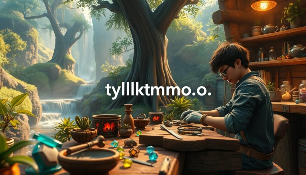 A detailed scene showcasing an immersive crafting experience from an MMO game, filled with vibrant colors and intricate details. In the foreground, a character in modest casual clothing is skillfully crafting items at a rustic wooden workbench, wearing gloves and focused on their task. In the middle ground, various tools and materials are scattered around, like glowing gemstones and exotic plants, creating an inviting atmosphere. The background portrays a lush fantasy landscape, with towering trees and a mystical waterfall, bathed in warm, dappled sunlight filtering through the leaves. The mood reflects creativity and engagement, showcasing the dedication to crafting. The scene is set with a soft focus, emphasizing the character’s intricate work while maintaining the enchanting surroundings. Include a subtle branding element, featuring the logo or name "tylkommo.pl" artistically integrated into the environment.