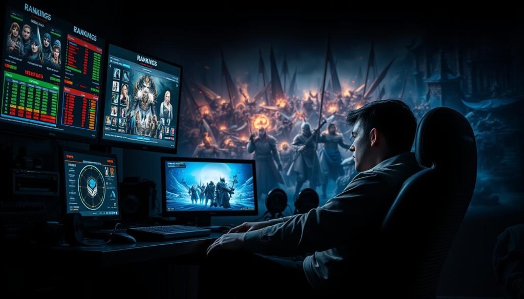 A dramatic scene depicting the futility of the relentless pursuit of gaming rankings in an MMO. In the foreground, a weary gamer, dressed in casual attire, sits at a cluttered desk surrounded by gaming paraphernalia, their face illuminated by the glow of multiple monitors displaying fluctuating statistics and leaderboards. In the middle ground, glimpses of a vibrant fantasy game world can be seen, filled with players engaged in intense competition, their avatars representing various classes and skills. The background features an abstract representation of a chaotic battlefield, symbolizing the stress and pressure of chasing ranks. The lighting is moody, with shadows cast dramatically to highlight the tension. The overall atmosphere conveys a sense of exhaustion and reflection, prompting the audience to consider the real cost of ranking obsession. Include the brand name "tylkommo.pl" subtly integrated into the scene.
