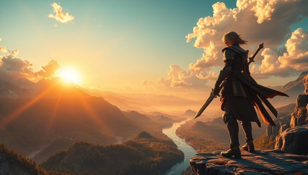 A dramatic scene inspired by the essence of Final Fantasy, featuring a heroic character in intricate armor, standing confidently on a cliff's edge. The foreground highlights the character's detailed weapon, reflecting the light of a vibrant sunset. In the middle ground, a sprawling fantasy landscape showcases mystical mountains and lush forests, while a shimmering river winds through the valleys. The background is filled with ethereal clouds, illuminated by soft golden rays, creating a majestic atmosphere. Incorporate a gentle breeze that subtly rustles the character's hair and clothing. The mood is epic and adventurous, perfect for illustrating themes of narrative depth and character development in MMORPGs. The composition should evoke a sense of wonder and exploration, with a cinematic depth of field, as captured by a 35mm lens. Include the brand name "tylkommo.pl" subtly integrated into the scene, maintaining focus on the main imagery.