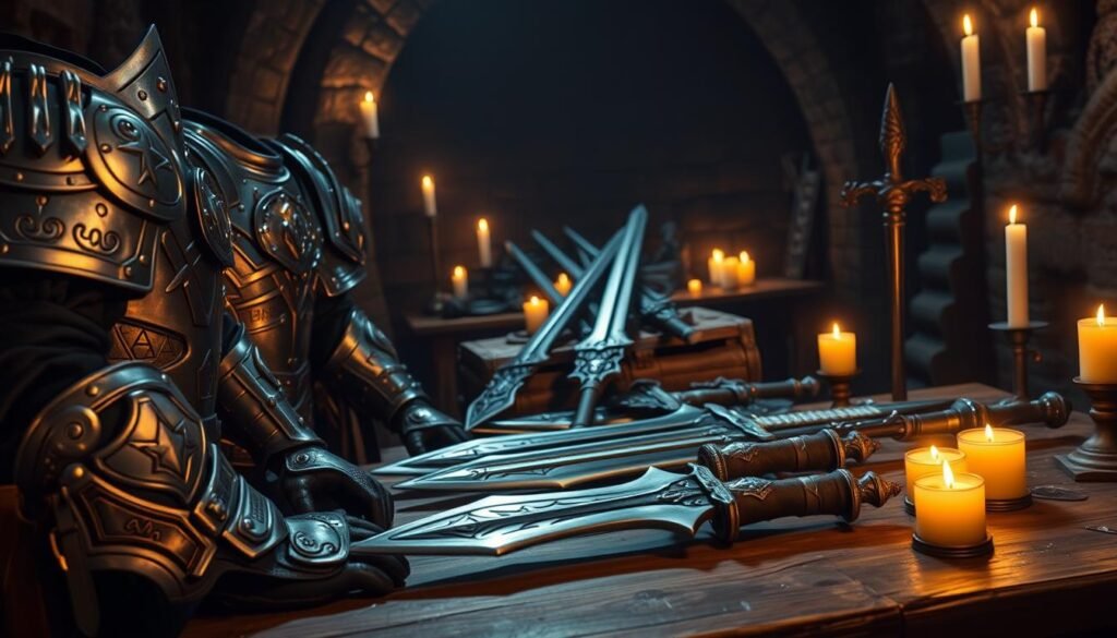 A dynamic composition focusing on various types of gear from a fantasy RPG setting. In the foreground, intricately designed armor pieces—shining plates, leather straps, and mystical runes—are beautifully arranged. In the middle ground, a collection of weapons, like swords and staffs, lies atop a wooden table, showcasing detailed craftsmanship and glowing enchantments. The background features a shadowy dungeon, softly illuminated by flickering candles, enhancing the mysterious atmosphere. The lighting creates depth, highlighting the textures of the gear and casting soft shadows. The overall mood is one of adventure and preparation, preparing for epic raids within a rich, immersive world.