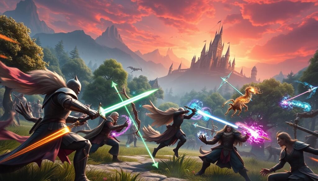 A dynamic fantasy battle scene showcasing an innovative combat system in a vibrant MMO world. In the foreground, a diverse group of fantasy characters, including a knight in shining armor, a nimble archer, and a powerful mage, engage in an intense battle surrounded by colorful spell effects and glowing weapons. In the middle ground, a lush, enchanted forest teems with magical creatures, adding depth to the action. The background features a distant, ancient castle silhouetted against a fiery sunset sky, casting dramatic shadows. Use cinematic lighting to highlight the characters’ expressions and the magical energy in the air. Capture the atmosphere of excitement and adventure, reflecting the essence of modern fantasy gaming. Include the branding "tylkommo.pl" subtly integrated into the scenery.