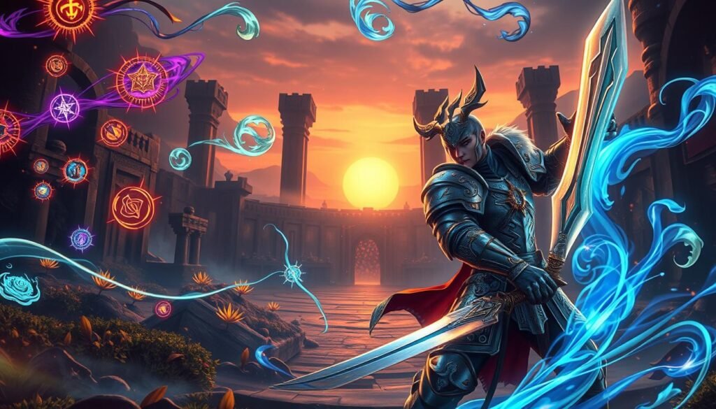 A dynamic fantasy scene depicting a skilled warrior in a vibrant, mystical environment. In the foreground, the warrior, dressed in intricate armor with glowing runes, is in a battle stance, wielding a shimmering sword that reflects light. Surrounding them are swirling ethereal elements symbolizing skills and abilities, such as radiant energy orbs and shadowy tendrils representing control and damage effects. In the middle, a detailed background of an ancient arena showcases stone ruins overgrown with luminous plants, bathed in soft, ambient light from a setting sun that casts long shadows. The atmosphere is intense and electric, emphasizing the theme of skill mastery in a competitive arena, with an engaging depth of field to highlight the focus on the warrior's abilities.