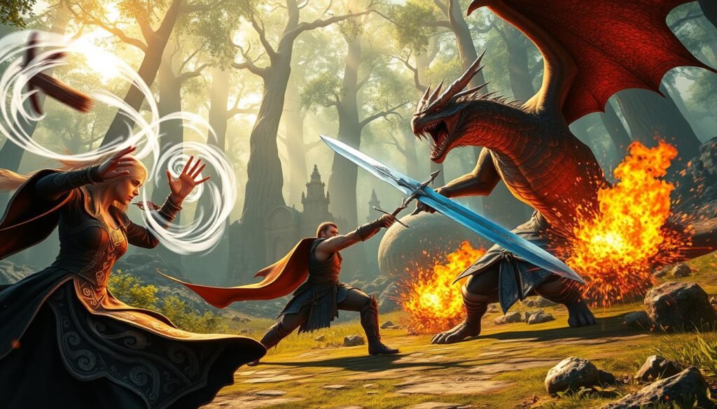A dynamic fantasy scene showcasing an intense non-target combat scenario in an MMORPG. In the foreground, a skilled female mage, dressed in elaborate robes adorned with glowing runes, casts a spell with swirling energy emanating from her hands. In the middle ground, a burly warrior clad in armor engages a fierce dragon, swinging a massive sword. Flames and magical projectiles clash, creating a vibrant explosion of colors. The background features a mystical forest with towering trees and enchanted ruins, bathed in a golden light filtering through the canopy. The atmosphere is charged with excitement and tension, encapsulating the thrill of fast-paced battles. Shot with a wide-angle lens for dramatic depth, highlighting the action and energy of the moment. Tylkommo.pl.