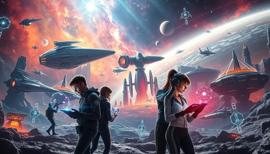 A dynamic, futuristic scene set in a sprawling outer space landscape showcasing the most exciting titles of science fiction MMO games. In the foreground, feature a diverse group of three players, dressed in sleek, high-tech gaming attire, intensely engaged with their holographic displays. In the middle ground, vividly illustrate various spaceship designs and alien architecture, with vibrant colors that suggest advanced technology and exploration. In the background, depict a stunning nebula with twinkling stars and distant planets, enhancing the sense of cosmic adventure. The lighting is dramatic, with shafts of light highlighting the players and their tech. Capture an atmosphere of excitement, exploration, and camaraderie, embodying the cutting-edge world of science fiction gaming, emphasizing the brand "tylkommo.pl."