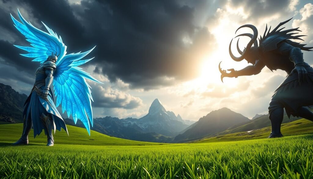 A dynamic scene depicting the choice between the Elyos and Asmodians in Aion Classic. In the foreground, a striking Elyos warrior with shimmering blue armor and angelic wings stands confidently on one side, while an imposing Asmodian fighter in dark, menacing armor with twisted horns faces off on the other side. In the middle ground, lush green fields transition into rugged, treacherous mountains, symbolizing their opposing factions. The background features a dramatic sky with contrasting light: bright clouds above the Elyos and dark storm clouds enveloping the Asmodians, enhancing the mood of rivalry and epic confrontation. Use soft, ethereal lighting for the Elyos and harsh, shadowed lighting for the Asmodians, creating a stark visual contrast. Capture this moment from a low angle, emphasizing the grandeur of each faction’s might and philosophy.