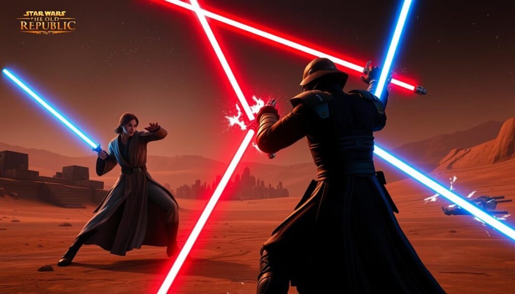 A dynamic scene from "Star Wars: The Old Republic," showcasing a fierce lightsaber duel between a Jedi and a Sith on a distant, barren planet. In the foreground, the Jedi, clad in elegant robes, wields a blue lightsaber, while the Sith, dressed in dark, ominous armor, counters with a fiery red lightsaber. The characters are caught mid-action, with energy crackling around their blades. The middle ground reveals ancient ruins, hinting at a rich history, draped in shadows. In the background, the vastness of space is visible, with distant stars twinkling. The scene is illuminated by dramatic, contrasting lighting that emphasizes the tension and epic scope of the battle. Capture this atmosphere to reflect the narrative depth of the MMO, ideal for an article on tylkommo.pl. A dynamic scene from "Star Wars: The Old Republic," showcasing a fierce lightsaber duel between a Jedi and a Sith on a distant, barren planet. In the foreground, the Jedi, clad in elegant robes, wields a blue lightsaber, while the Sith, dressed in dark, ominous armor, counters with a fiery red lightsaber. The characters are caught mid-action, with energy crackling around their blades. The middle ground reveals ancient ruins, hinting at a rich history, draped in shadows. In the background, the vastness of space is visible, with distant stars twinkling. The scene is illuminated by dramatic, contrasting lighting that emphasizes the tension and epic scope of the battle. Capture this atmosphere to reflect the narrative depth of the MMO, ideal for an article on tylkommo.pl.