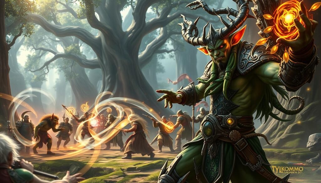 A dynamic scene inspired by "World of Warcraft," showcasing a heroic night elf druid in the foreground, clad in intricate, nature-themed armor with glowing accents, casting a powerful spell that conjures swirling vines and magical lights. In the middle ground, a battle between horde and alliance forces unfolds, with diverse characters representing various classes like a fierce orc warrior and a regal human paladin. The background features a majestic forest, dappled with sunlight filtering through ancient trees, hinting at adventure and mystery. The atmosphere is vibrant and epic, capturing the spirit of exploration and teamwork inherent to MMOs. The scene is illuminated by warm, magical lighting, taken at a dramatic angle to emphasize the action. This image captures the essence of classic MMO gameplay with a focus on endgame content, reflecting the theme of "tylkommo.pl."