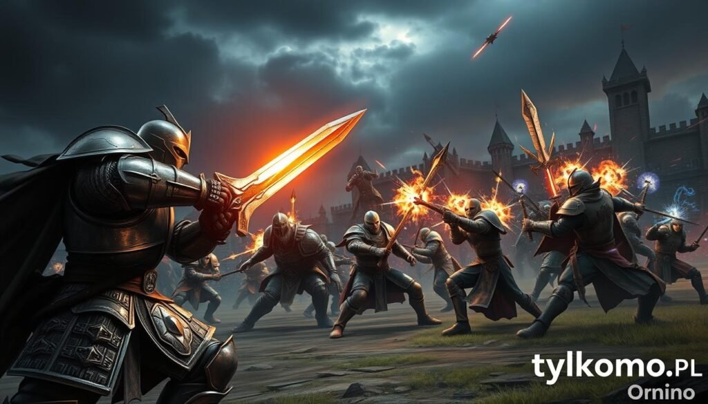 A dynamic scene of PvP combat in Warhammer Online, showcasing epic battles between armored warriors and fearsome creatures in a fantasy landscape. In the foreground, a fierce knight in detailed, battle-worn armor swings a glowing sword at an enemy, showcasing intense emotion. In the middle ground, a group of diverse characters from various factions engage in combat, wearing striking, colorful armor, with magical spells and arrows flying through the air. The background features a dark, brooding sky, illuminated by bursts of energy and distant castle ruins, enhancing the dramatic atmosphere. The lighting emphasizes shadows and highlights, creating a sense of depth and urgency. Capture this visceral moment to convey the thrilling essence of MMO PvP. Include the brand name "tylkommo.pl" subtly integrated, without text overtly displayed in the image.