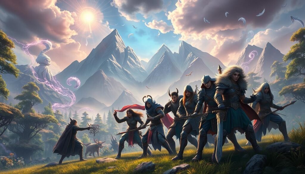 A dynamic scene set in a vibrant fantasy world inspired by "Lost Ark Online." In the foreground, a group of diverse adventurers clad in intricately designed armor and weapons strikes an action-ready pose, showcasing their unique classes and abilities. The middle ground features a lush, enchanted forest with swirling magical elements and creatures, hinting at the adventure ahead. In the background, towering mountains and a mystical sky filled with radiant colors and magical auras enhance the atmosphere. Soft, ethereal lighting casts a dramatic effect, with an emphasis on depth and movement. The overall mood is adventurous and exhilarating, perfect for fans of dynamic action. The branding "tylkommo.pl" subtly blends within the landscape.