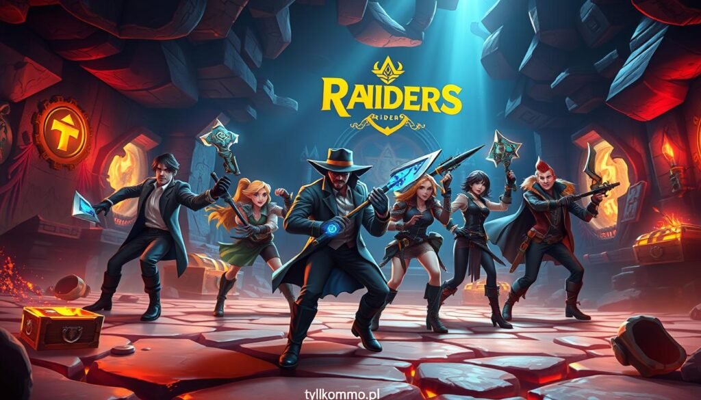 A dynamic scene showcasing "Crypto Raiders" characters engaging in a vibrant dungeon environment. In the foreground, feature a diverse group of adventurers in professional and stylish attire, wielding imaginative weapons that reflect their unique crypto-themed abilities. The middle layer should include various elements of the dungeon, such as treasure chests, glowing digital artifacts, and intricate stone carvings, creating a sense of exploration. In the background, depict a mystical, atmospheric setting with ethereal lighting casting shadows, emphasizing depth. Use a slightly low angle perspective to add drama, while ensuring the colors are bright and engaging, ideal for a modern gaming context. The overall mood should be adventurous and hopeful, inviting viewers to explore the world of Crypto Raiders. Include "tylkommo.pl" subtly within the scenery, enhancing the image's theme without overpowering it.