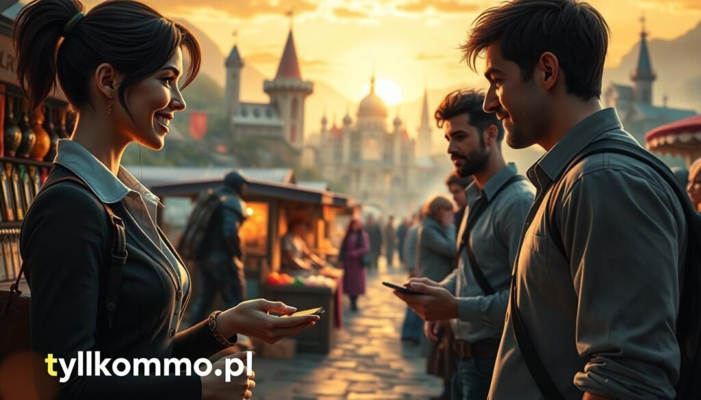 A dynamic scene showcasing a diverse group of players engaging in trade within an MMO world. In the foreground, a female character in professional attire, smiling, is trading digital goods with a male character wearing casual clothing. In the middle ground, vibrant market stalls showcase various items like armor, potions, and rare collectibles, attracting other players. The background features an enchanting fantasy landscape with castles and bustling city life, illuminated by a warm golden sunset, creating an inviting atmosphere. Soft bokeh effects highlight the action, drawing the viewer's eye to the exchange. The overall mood is lively and engaging, embodying the thrill of the in-game economy. Include a subtle logo for "tylkommo.pl" integrated into the scene, enhancing the context of MMO gaming.