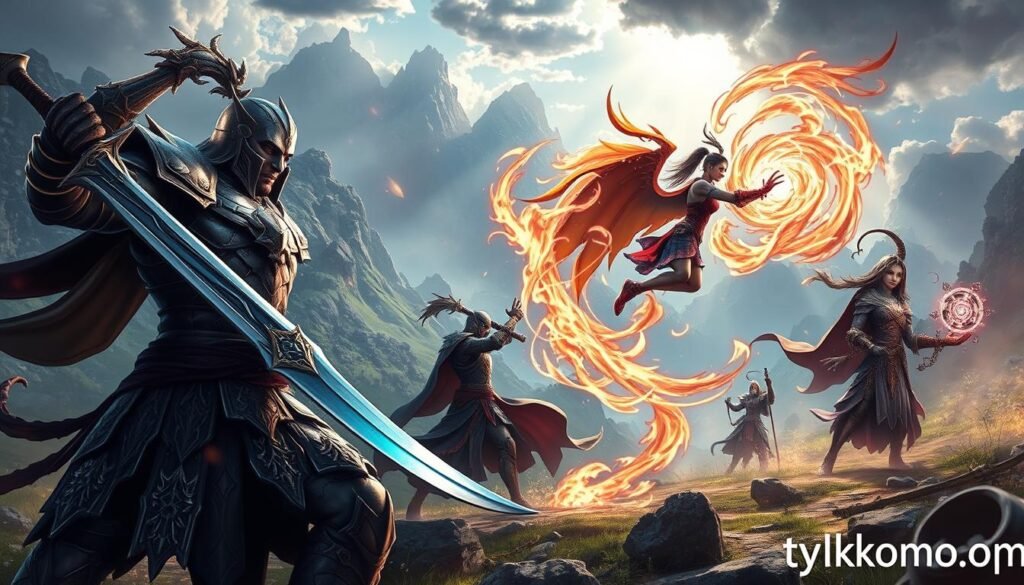 A dynamic scene showcasing an evocative battle system with various character classes from an MMO. In the foreground, a fierce warrior clad in intricate, gleaming armor brandishes a sword, while a skilled mage conjures vibrant spells with swirling energy. The middle ground features a rogue stealthily preparing an ambush, and a healer supporting allies with luminous orbs of light. In the background, a fantastical landscape with towering mountains and mystical forests enhances the atmosphere. The lighting is dramatic, with rays of sunlight breaking through clouds, highlighting the characters' actions, casting long shadows. The composition captures the excitement and intensity of combat in MMOs. The style is rich in detail, evoking a sense of adventure and teamwork, reflecting the intricate systems in video games. Designed for "tylkommo.pl".
