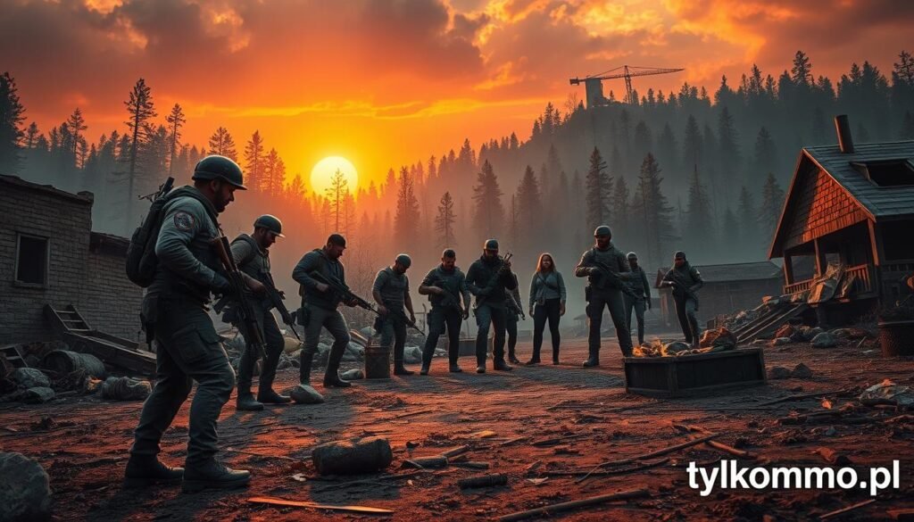 A dynamic scene showcasing intense action from a survival-themed multiplayer game. In the foreground, a diverse group of players, clad in tactical gear, are strategizing as they gather resources. The middle ground features a rugged, post-apocalyptic landscape with ruined buildings and scattered artifacts. In the background, a dramatic sunset casts an orange glow, enhancing the atmosphere of tension and adventure. The players are working together, exhibiting teamwork and determination, while an imposing forest looms behind them, hinting at lurking dangers. The lighting is sharp and contrasts sharply, creating a cinematic feel. The focus is on action and challenge, encapsulating the essence of survival games. Be sure to feature the brand name "tylkommo.pl" subtly in the corner of the image. A dynamic scene showcasing intense action from a survival-themed multiplayer game. In the foreground, a diverse group of players, clad in tactical gear, are strategizing as they gather resources. The middle ground features a rugged, post-apocalyptic landscape with ruined buildings and scattered artifacts. In the background, a dramatic sunset casts an orange glow, enhancing the atmosphere of tension and adventure. The players are working together, exhibiting teamwork and determination, while an imposing forest looms behind them, hinting at lurking dangers. The lighting is sharp and contrasts sharply, creating a cinematic feel. The focus is on action and challenge, encapsulating the essence of survival games. Be sure to feature the brand name "tylkommo.pl" subtly in the corner of the image.