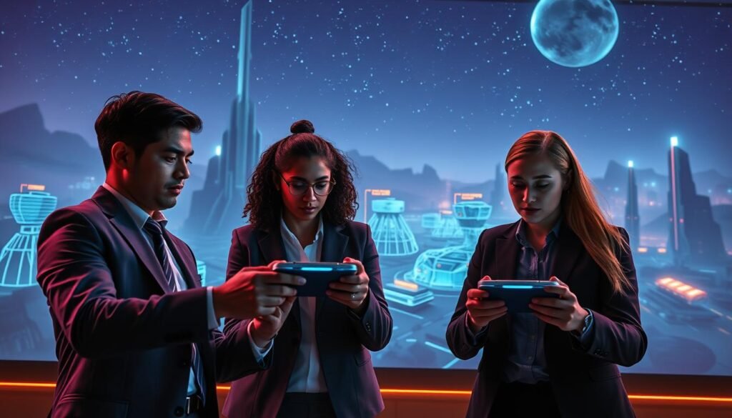 A dynamic tactical gaming scene set in a futuristic online environment, showcasing players engaging in strategy. In the foreground, two diverse players in professional business attire focus intently on their high-tech gaming devices, with expressions of concentration and determination. The middle ground includes a sleek digital interface displaying strategic maps and resource management, illuminated by vibrant neon colors. In the background, a virtual landscape filled with towering futuristic structures and an atmospheric backdrop of a starry night sky enhances the immersive experience. Soft, ambient lighting creates a collaborative mood, emphasizing teamwork and communication. The overall ambiance balances intensity and focus, illustrating a tactical approach to online gameplay. Include the brand "tylkommo.pl" subtly integrated within the digital interface elements.