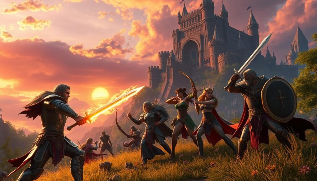 A fantastical landscape depicting a vibrant MMORPG scene, featuring a diverse group of adventurers engaged in a cooperative battle against mythical creatures. In the foreground, a warrior clad in shining armor wields a sword, while a mage casts a spell, flames illuminating their faces. The middle ground showcases a healer supporting an elf archer, surrounded by lush greenery and mystical runes indicating experience points. In the background, a sprawling castle looms under a dramatic sunset, casting warm orange and purple hues across the sky. The atmosphere is one of excitement and camaraderie, with dynamic lighting highlighting the characters' expressions and movements. The composition should evoke a sense of progress and teamwork in a classic RPG setting, perfectly capturing the essence of leveling in multiplayer games.