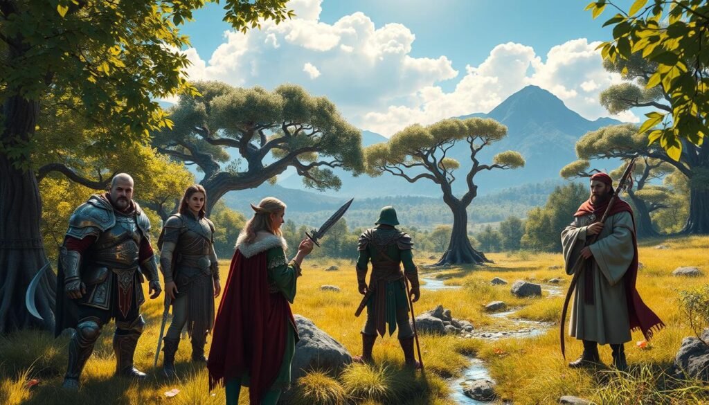 A fantasy scene depicting characters from a classic MMORPG, set in a lush, vibrant forest clearing. In the foreground, a diverse group of adventurers representing multiple classes: a stoic warrior in polished armor, a mystical elf mage with glowing runes, a nimble rogue with a dagger ready, and a kind-hearted cleric holding a staff. Each character is engaged in lively discussion, showcasing their unique attire and equipment. The middle ground reveals a picturesque landscape with ancient trees and sparkling streams, while the background features distant mountains under a bright blue sky with fluffy clouds. Soft sunlight filters through the leaves, creating a warm and inviting atmosphere, highlighting the camaraderie and excitement of character creation in a fantasy world.