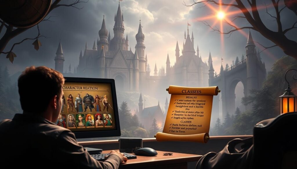 A fantasy-themed scene depicting a character creation interface inspired by the Dark Age of Camelot game. In the foreground, a focused gamer sits at a desk with a glowing computer screen displaying options for realms, races, and classes. The character selection shows various fantasy races, like elves, dwarves, and humans, with intricate details and vibrant colors. In the middle ground, a magical scroll unfurls, detailing the attributes of different classes. The background features a mystical realm with castles and forests depicted in a soft, ethereal light casting a warm glow. A lens flare adds enchantment, and the atmosphere is rich with anticipation and adventure, reflecting the excitement of building a character.