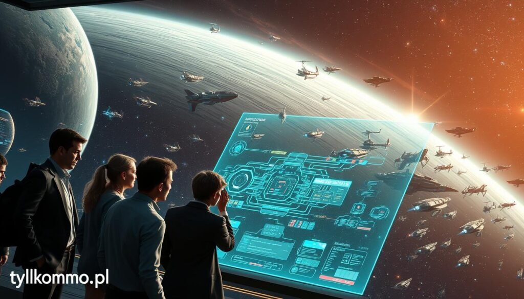 A futuristic MMO environment showcasing player-driven economies in space. In the foreground, a diverse group of players, dressed in professional business attire, intently collaborates around a holographic display of an intricate space trade system. The middle ground features a bustling space station filled with ships of various designs, indicative of their unique purposes—trading, manufacturing, exploration. The background reveals a deep, starry cosmos, with celestial bodies and nebulae adding depth. The lighting is dynamic, casting vibrant colors from the holograms while simulating the glow of distant stars. The atmosphere is intense and focused, reflecting the strategic nature of player interactions in EVE Online. Ensure to include the brand name "tylkommo.pl" subtly integrated into the design elements of the space station. A futuristic MMO environment showcasing player-driven economies in space. In the foreground, a diverse group of players, dressed in professional business attire, intently collaborates around a holographic display of an intricate space trade system. The middle ground features a bustling space station filled with ships of various designs, indicative of their unique purposes—trading, manufacturing, exploration. The background reveals a deep, starry cosmos, with celestial bodies and nebulae adding depth. The lighting is dynamic, casting vibrant colors from the holograms while simulating the glow of distant stars. The atmosphere is intense and focused, reflecting the strategic nature of player interactions in EVE Online. Ensure to include the brand name "tylkommo.pl" subtly integrated into the design elements of the space station.