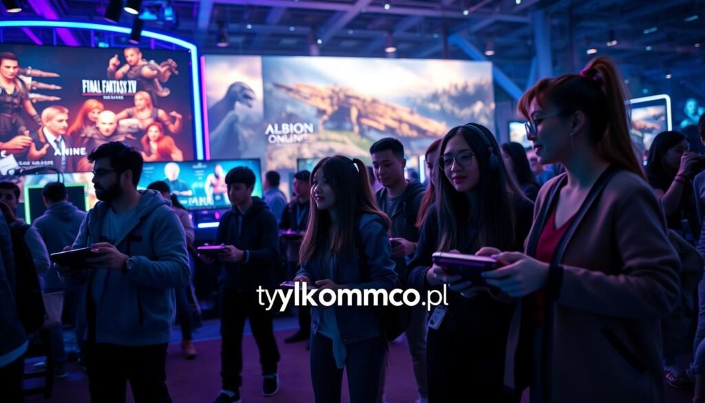 A futuristic gaming landscape showcasing the excitement of upcoming online game releases. In the foreground, a group of diverse gamers, male and female, dressed in casual modern clothing, engaging enthusiastically with sleek gaming consoles. In the middle ground, vibrant screens display dynamic visuals from popular MMO titles like Final Fantasy XIV and Albion Online, capturing players immersed in interactive worlds. The background features a high-tech expo environment with colorful LED lights, creating a lively atmosphere. Soft blue and purple lighting adds a mysterious yet inviting mood, while a shallow depth of field focuses on the players’ expressions. The logo "tylkommo.pl" subtly integrated into the scene. A futuristic gaming landscape showcasing the excitement of upcoming online game releases. In the foreground, a group of diverse gamers, male and female, dressed in casual modern clothing, engaging enthusiastically with sleek gaming consoles. In the middle ground, vibrant screens display dynamic visuals from popular MMO titles like Final Fantasy XIV and Albion Online, capturing players immersed in interactive worlds. The background features a high-tech expo environment with colorful LED lights, creating a lively atmosphere. Soft blue and purple lighting adds a mysterious yet inviting mood, while a shallow depth of field focuses on the players’ expressions. The logo "tylkommo.pl" subtly integrated into the scene.