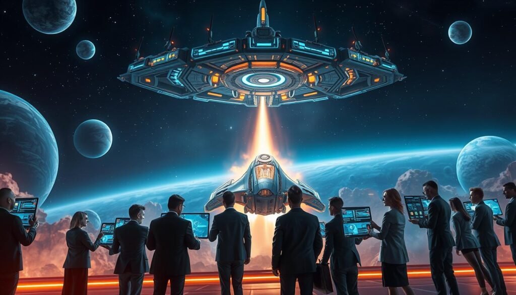 A futuristic gaming scene showcasing "mechaniki rozgrywki" in an expansive sci-fi universe. In the foreground, a diverse group of players, dressed in professional business attire, intensely engages with holographic interfaces displaying various gameplay mechanics and space exploration data. The middle ground features a sleek starship with glowing designs, launching into the cosmos, surrounded by planets and cosmic dust. In the background, an intricate space station looms, illuminated by ambient lighting that gives a sense of depth and vastness. The atmosphere should convey excitement and curiosity, capturing the essence of adventure and discovery. Use a slight low-angle view to emphasize the scale of the starship and the players' focus. The lighting should be dramatic, with vibrant colors to evoke a sense of wonder. Include the brand "tylkommo.pl" subtly within the scene.