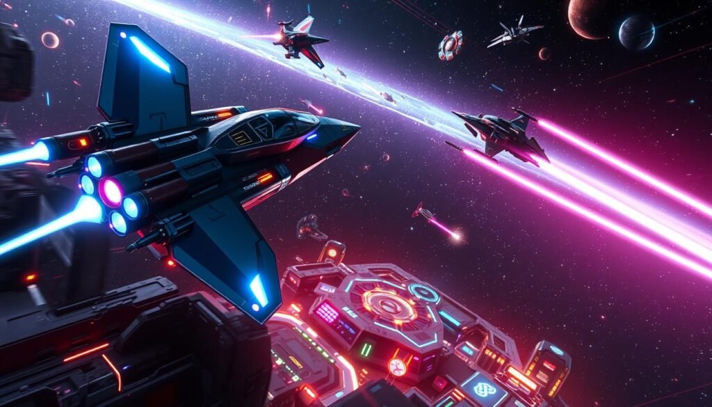 A futuristic scene of a vibrant space battle, showcasing a variety of sleek starships engaged in an epic dogfight. In the foreground, a heavily armed starfighter with glowing blue and orange accents zooms past, while another ship, trailing bright laser beams, is seen in a tight angle of ascent. In the middle ground, a bustling space station illuminated by colorful neon lights is partially visible, serving as a hub of intergalactic activity. The background is filled with a starry cosmos, distant galaxies, and nebulae creating a sense of depth and wonder. The lighting should create a dramatic contrast, highlighting the energy of the battle while maintaining a sense of awe. The overall mood is exhilarating and adventurous, perfect for fans of cosmic adventures and RPG elements. Tylkommo.pl