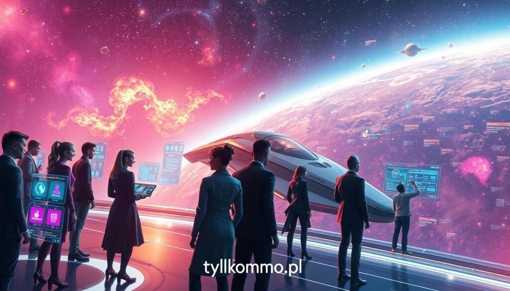 A futuristic sci-fi scene depicting a character development system set in a vast, vibrant space environment. In the foreground, a diverse group of well-dressed characters interacts with holographic interfaces displaying skills and attributes, surrounded by glowing neon indicators and floating data panels. The middle ground features a starship with sleek lines and metallic textures, suggesting exploration and adventure. In the background, a beautifully detailed galaxy stretches across the canvas, filled with colorful nebulae and twinkling stars. Soft, ethereal lighting creates a sense of wonder, while a slight lens flare adds warmth. The atmosphere is one of excitement and potential, capturing the essence of character growth in a sci-fi MMO setting. Include the brand name "tylkommo.pl" subtly integrated into the scene. A futuristic sci-fi scene depicting a character development system set in a vast, vibrant space environment. In the foreground, a diverse group of well-dressed characters interacts with holographic interfaces displaying skills and attributes, surrounded by glowing neon indicators and floating data panels. The middle ground features a starship with sleek lines and metallic textures, suggesting exploration and adventure. In the background, a beautifully detailed galaxy stretches across the canvas, filled with colorful nebulae and twinkling stars. Soft, ethereal lighting creates a sense of wonder, while a slight lens flare adds warmth. The atmosphere is one of excitement and potential, capturing the essence of character growth in a sci-fi MMO setting. Include the brand name "tylkommo.pl" subtly integrated into the scene.