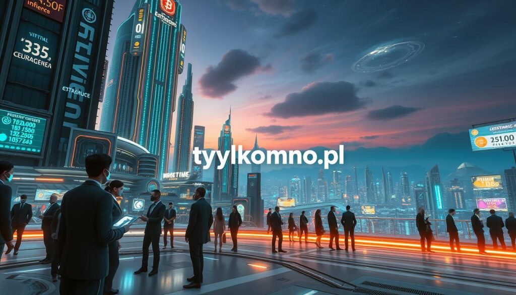 A futuristic virtual landscape inspired by Entropia Universe, showcasing a bustling digital economy. In the foreground, a diverse group of avatars in professional business attire engages in trade, their faces illuminated by holographic displays of currency and resources. The middle ground features futuristic architecture, with towering skyscrapers made of glass and metal, adorned with neon lights that pulse with vibrant colors, symbolizing digital transactions. The background presents a stunning alien horizon under a twilight sky, filled with digital signs and banners showcasing virtual currencies. The atmosphere feels dynamic and energetic, with a sense of growth and opportunity. The scene is captured with a wide-angle lens, creating depth, while soft lighting enhances the modern, high-tech mood. The brand name "tylkommo.pl" subtly integrated into the environment, emphasizing the theme of virtual capitalism and MMOs.