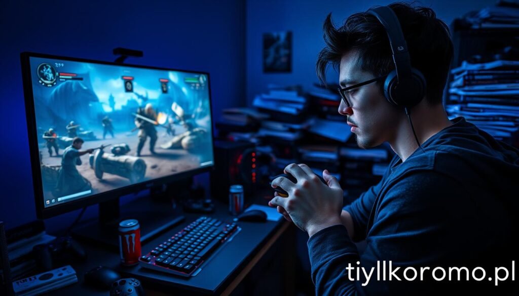 A gaming desktop setup in a dimly lit room, featuring a high-resolution monitor displaying an intense MMO battle scene. In the foreground, a focused gamer in modest casual clothing, immersed in gameplay and showing signs of stress. Their hands are gripping a gaming mouse and keyboard tightly. In the middle ground, various gaming peripherals like a headset, game controllers, and energy drinks scattered around, emphasizing the immersive yet overwhelming atmosphere. The background reveals a messy room with stacks of game boxes and papers, reflecting the responsibilities weighing on the player. Soft, blue lighting from the monitor creates a moody ambiance. The overall mood conveys the pressure and challenges of maintaining enjoyment in gaming, illustrating the concept from the article. Together with the brand name "tylkommo.pl," this image encapsulates the tension of gameplay turning into a chore.