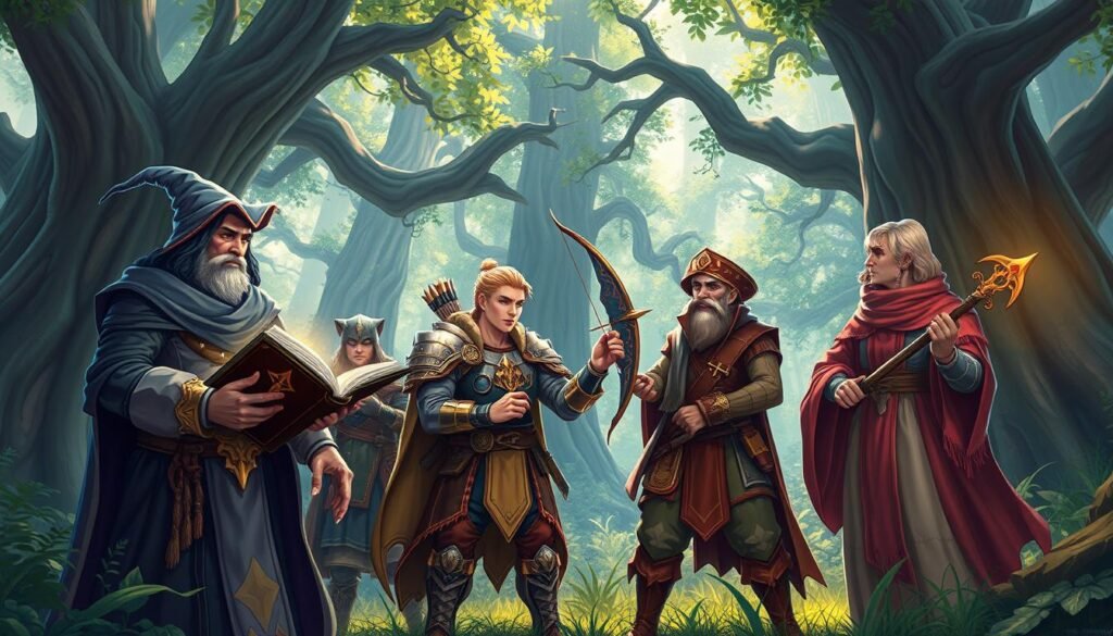 A group of four diverse fantasy characters representing different classes from a fantasy MMORPG are engaged in a strategic discussion in a lush, enchanted forest. In the foreground, a wise mage in elegant robes holds a glowing tome, exuding an aura of wisdom. Beside him, a fierce warrior in ornate armor grips a sword, ready for battle. In the middle ground, an agile archer nocks an arrow, poised to act, while a supportive cleric in modest attire stands with a staff, radiating healing energy. The backdrop features towering ancient trees with dappled sunlight filtering through the leaves, creating a mystical atmosphere. The scene is filled with vibrant colors, capturing the spirit of teamwork and adventure, with a focus on the characters' expressions of camaraderie and purpose.
