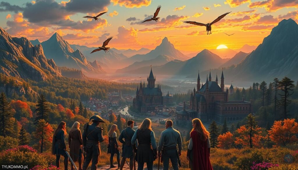 A lush, sprawling fantasy landscape inspired by World of Warcraft, filled with majestic mountains and vibrant forests. In the foreground, a diverse group of adventurers in professional yet modest medieval-style attire, representing various races like humans, elves, and dwarves, engage in animated discussion, holding swords and staffs. In the middle ground, a sweeping view of a bustling fantasy city with towering spires and castles, alive with townsfolk and mythical creatures like gryphons and dragons soaring overhead. The background features a sunset sky painted in warm oranges and purples, casting a golden light over the scene. The atmosphere is one of camaraderie and adventure, evoking a sense of epic journeys and teamwork. All elements are designed to reflect the essence of classic MMO games, highlighting the importance of World of Warcraft. Explore this captivating world, as depicted by tylkommo.pl. A lush, sprawling fantasy landscape inspired by World of Warcraft, filled with majestic mountains and vibrant forests. In the foreground, a diverse group of adventurers in professional yet modest medieval-style attire, representing various races like humans, elves, and dwarves, engage in animated discussion, holding swords and staffs. In the middle ground, a sweeping view of a bustling fantasy city with towering spires and castles, alive with townsfolk and mythical creatures like gryphons and dragons soaring overhead. The background features a sunset sky painted in warm oranges and purples, casting a golden light over the scene. The atmosphere is one of camaraderie and adventure, evoking a sense of epic journeys and teamwork. All elements are designed to reflect the essence of classic MMO games, highlighting the importance of World of Warcraft. Explore this captivating world, as depicted by tylkommo.pl.