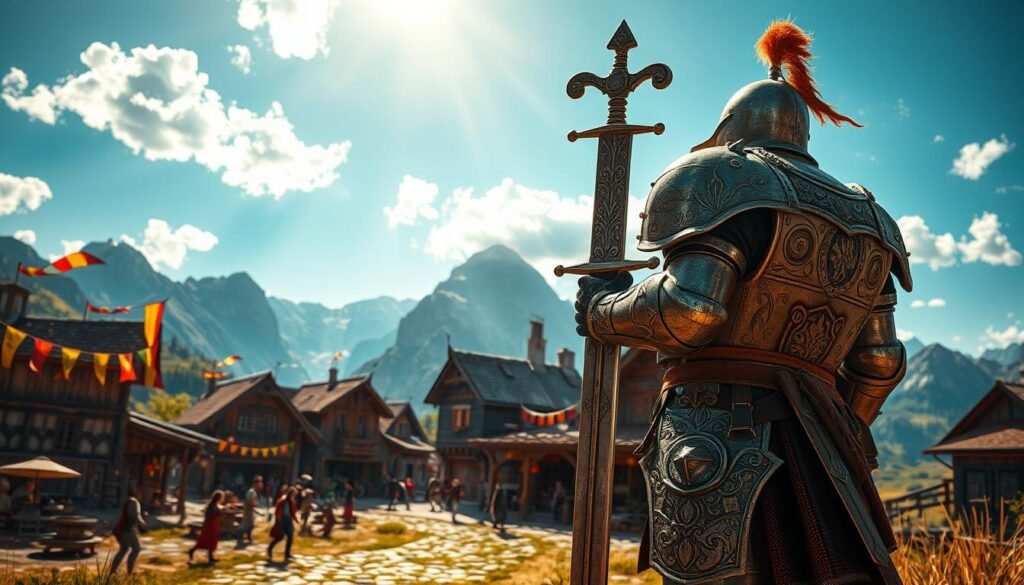 A nostalgic scene capturing the essence of a classic fantasy MMORPG. In the foreground, a brave armored knight stands poised, holding a sword with intricate engravings, showcasing the rich details of his battle-worn gear. The middle ground reveals a vibrant, bustling village with charming wooden houses and colorful banners flapping in the breeze, populated by various fantasy characters engaged in friendship and trade. The background features majestic mountains under a bright blue sky, with floating clouds enhancing the fantastical atmosphere. The sunlight casts warm highlights, creating a magical ambiance. The image should evoke feelings of nostalgia and adventure, reminiscent of iconic MMORPG experiences, suitable for the theme of "MMO na starszy komputer". Include the brand name "tylkommo.pl" subtly within the scene’s details.