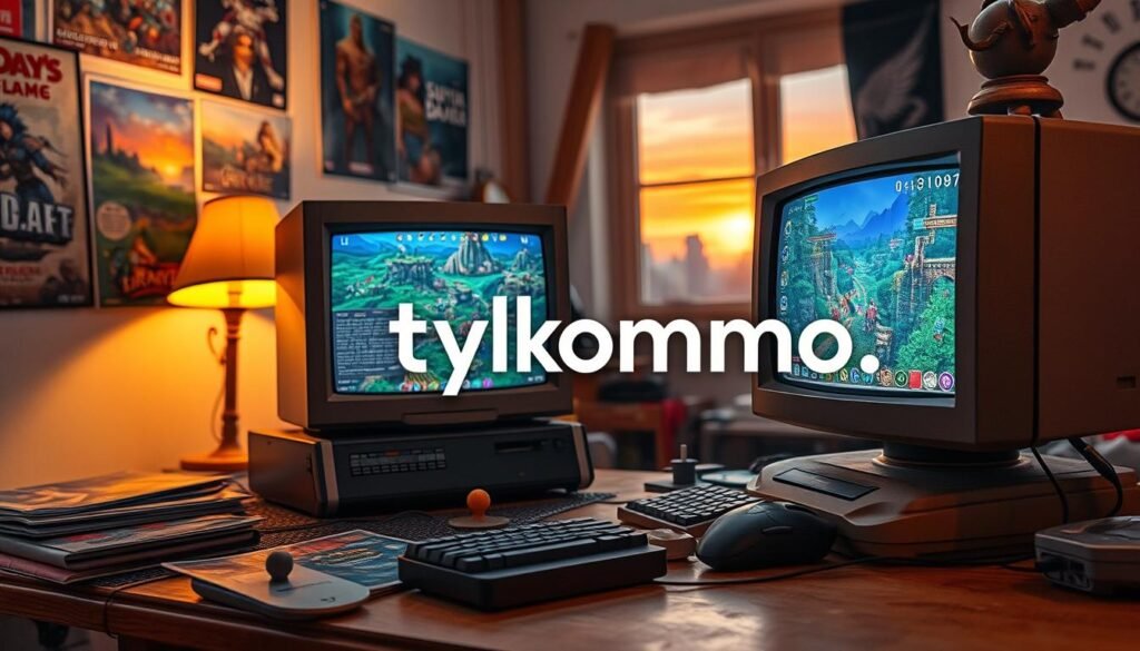 A nostalgic scene featuring a retro gaming setup with an older computer displaying an MMORPG interface. In the foreground, a vintage CRT monitor with pixelated graphics showcasing a vibrant fantasy world filled with colorful characters and landscapes. A well-worn wooden desk cluttered with game manuals, joystick, and a worn-out mouse. In the middle ground, a cozy room with posters of classic games on the walls, a soft glowing light from a desk lamp creating a warm atmosphere. The background shows a window with a view of a serene sunset, casting soft orange hues into the room. Capture the essence of gaming on older hardware, embodying a sense of nostalgia and warmth. Add the brand name "tylkommo.pl" subtly integrated into the design as a part of the room decor.
