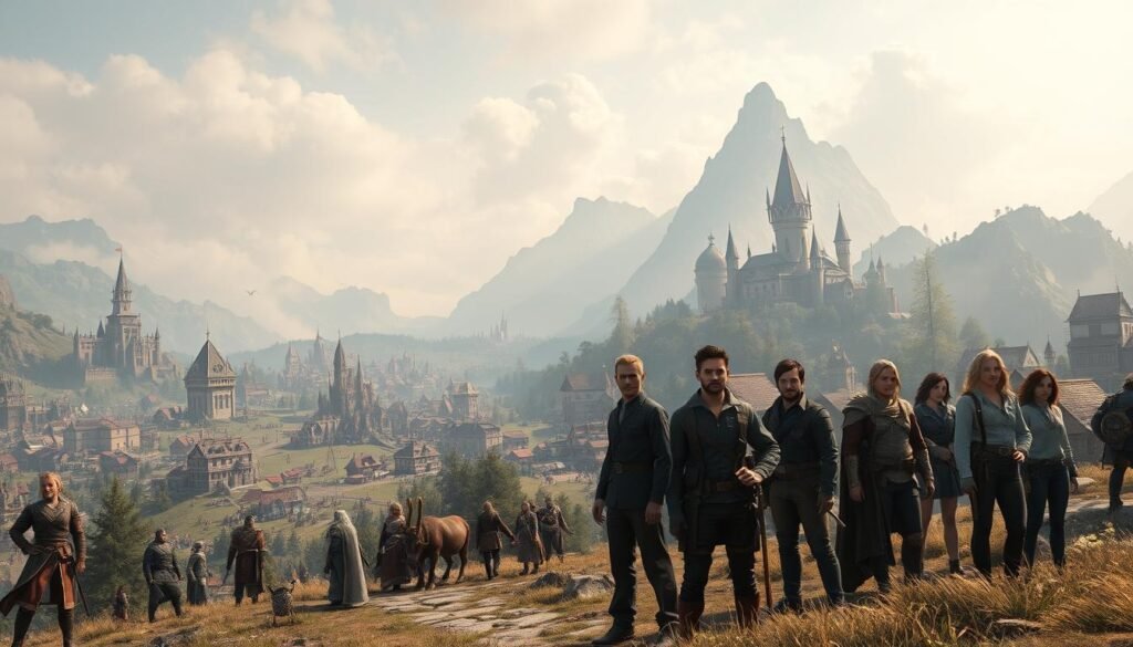 A sprawling fantasy landscape depicting an immersive PC MMO world, rich in detailed environments. In the foreground, a group of diverse characters in modest, professional attire stands ready for adventure, showcasing different classes with unique gear. In the middle ground, vibrant towns bustling with NPCs, filled with shops and players collaborating in quests. The background features majestic mountains and distant castles, shrouded in mist, symbolizing exploration and endless content. Soft, ambient lighting illuminates the scene, capturing a dynamic atmosphere of excitement and camaraderie. Focused with a wide-angle lens, the composition evokes a sense of scale and depth, inviting viewers into this expansive universe. Include subtle branding elements of tylkommo.pl seamlessly integrated into the landscape.