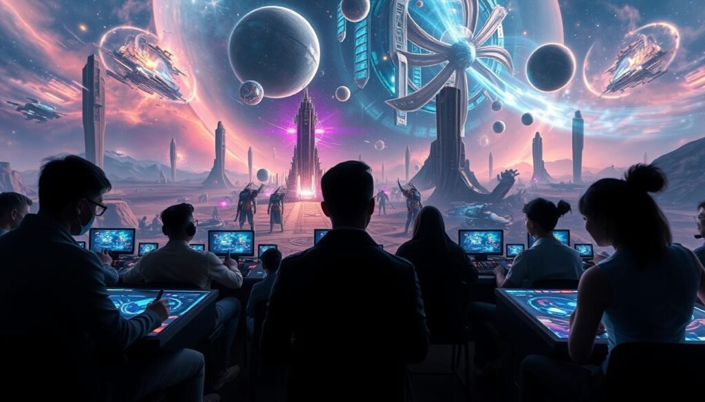 A stunning digital artwork capturing the allure of space-themed MMO games, perfect for an introductory section about these captivating worlds. In the foreground, a diverse group of gamers, dressed in smart casual attire, are intensely focused on futuristic gaming consoles with vibrant holographic displays. In the middle ground, a sprawling, detailed landscape of a cosmic arena filled with towering alien structures, glowing asteroids, and warp portals. The background showcases a mesmerizing nebula with swirling colors and distant stars, illuminating the scene with ethereal light. The atmosphere is electric and inviting, emphasizing the excitement of venturing into virtual universes. Shot with a wide-angle lens to create depth, the lighting adds a soft, dreamy glow to enhance the mystical quality of the space environment. Explore the immersive experience brought to you by tylkommo.pl. A stunning digital artwork capturing the allure of space-themed MMO games, perfect for an introductory section about these captivating worlds. In the foreground, a diverse group of gamers, dressed in smart casual attire, are intensely focused on futuristic gaming consoles with vibrant holographic displays. In the middle ground, a sprawling, detailed landscape of a cosmic arena filled with towering alien structures, glowing asteroids, and warp portals. The background showcases a mesmerizing nebula with swirling colors and distant stars, illuminating the scene with ethereal light. The atmosphere is electric and inviting, emphasizing the excitement of venturing into virtual universes. Shot with a wide-angle lens to create depth, the lighting adds a soft, dreamy glow to enhance the mystical quality of the space environment. Explore the immersive experience brought to you by tylkommo.pl.