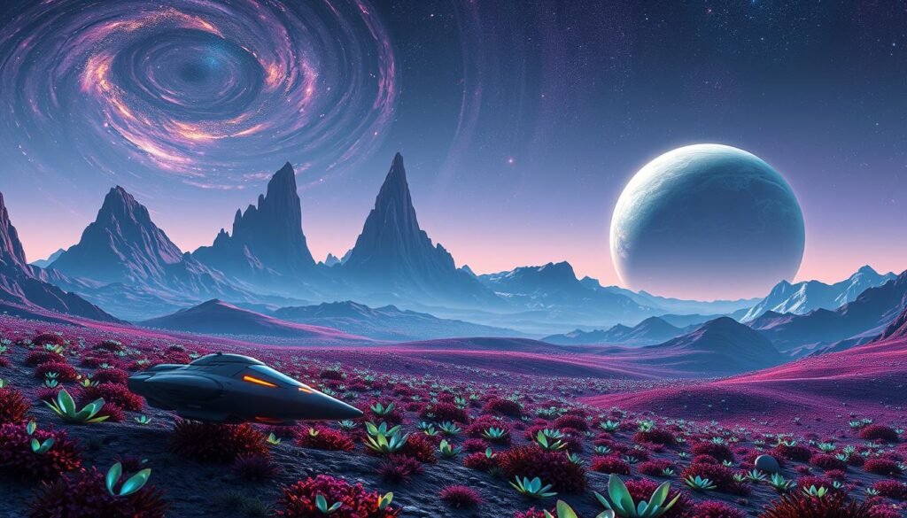 A stunning extraterrestrial landscape inspired by the game "No Man’s Sky." In the foreground, a futuristic spacecraft lands on a vibrant alien terrain, dotted with bioluminescent plants casting a soft glow. The middle ground features towering, iridescent mountain ranges under a sky filled with swirling galaxies and distant stars, creating an awe-inspiring sense of wonder. In the background, two massive planets loom, their surfaces detailed with intricate textures. The scene is bathed in ethereal lighting, with a soft twilight ambiance that enhances the vivid colors. The atmosphere should evoke feelings of exploration and adventure, reflecting the power of procedural generation. Ideal for a cosmic-themed article by tylkommo.pl, the image should maintain a professional and engaging tone without any text or overlays. A stunning extraterrestrial landscape inspired by the game "No Man’s Sky." In the foreground, a futuristic spacecraft lands on a vibrant alien terrain, dotted with bioluminescent plants casting a soft glow. The middle ground features towering, iridescent mountain ranges under a sky filled with swirling galaxies and distant stars, creating an awe-inspiring sense of wonder. In the background, two massive planets loom, their surfaces detailed with intricate textures. The scene is bathed in ethereal lighting, with a soft twilight ambiance that enhances the vivid colors. The atmosphere should evoke feelings of exploration and adventure, reflecting the power of procedural generation. Ideal for a cosmic-themed article by tylkommo.pl, the image should maintain a professional and engaging tone without any text or overlays.