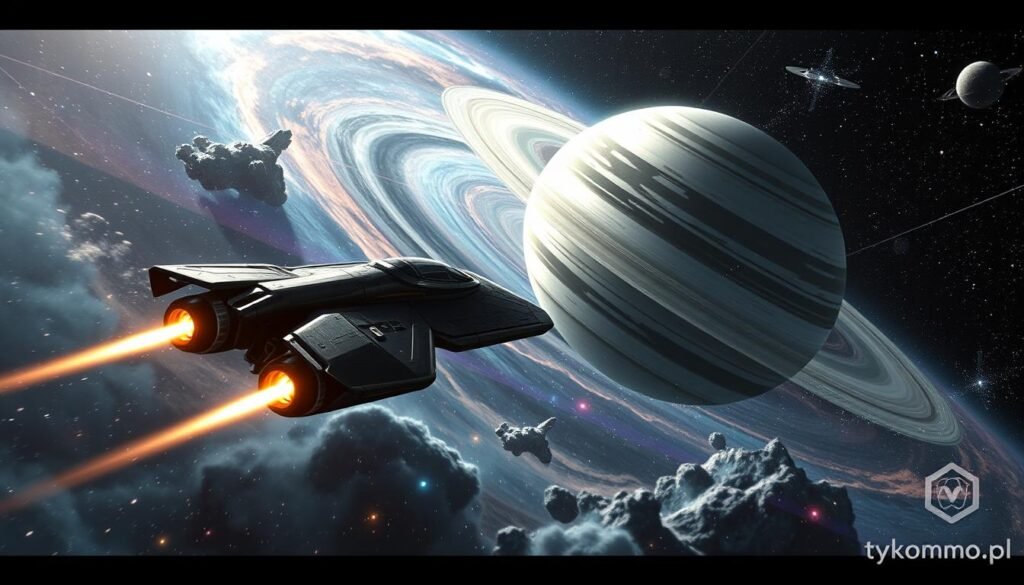 A stunning sci-fi scene depicting a highly detailed spaceship soaring through a vast, star-filled galaxy, showcasing the intricate design elements that reflect realism in space exploration. In the foreground, the spaceship, inspired by "Elite Dangerous," has sleek metallic surfaces and glowing engine thrusters, creating a sense of dynamic movement. The middle ground features a swirling nebula, rich with colors like deep blues and purples, surrounded by twinkling stars and distant planets. In the background, a massive gas giant looms with its swirling clouds and rings, illuminated by the light of a nearby sun, casting warm highlights. The mood is one of adventure and awe, with dramatic shadows and highlights emphasizing the vastness of space. Ensure a high-resolution and vibrant image quality, ideal for a tech-savvy audience. Add a subtle logo of “tylkommo.pl” in the corner of the image. A stunning sci-fi scene depicting a highly detailed spaceship soaring through a vast, star-filled galaxy, showcasing the intricate design elements that reflect realism in space exploration. In the foreground, the spaceship, inspired by "Elite Dangerous," has sleek metallic surfaces and glowing engine thrusters, creating a sense of dynamic movement. The middle ground features a swirling nebula, rich with colors like deep blues and purples, surrounded by twinkling stars and distant planets. In the background, a massive gas giant looms with its swirling clouds and rings, illuminated by the light of a nearby sun, casting warm highlights. The mood is one of adventure and awe, with dramatic shadows and highlights emphasizing the vastness of space. Ensure a high-resolution and vibrant image quality, ideal for a tech-savvy audience. Add a subtle logo of “tylkommo.pl” in the corner of the image.