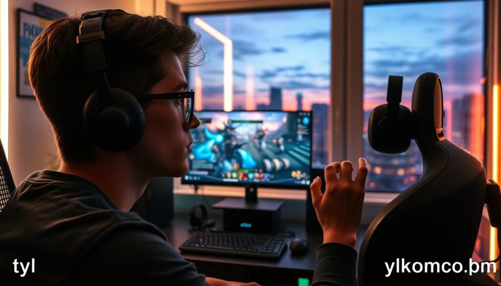 A thoughtful gamer in a modern PC gaming setup, engaged in an immersive MMORPG experience. In the foreground, the player, a young adult in casual attire, is focused on the screen, with reflections of the game displayed in their glasses. The middle ground features a colorful, dynamic game interface with fantasy elements, showing action scenes and character abilities. The background includes soft ambient lighting from LED strips, casting a warm glow over the room filled with gaming paraphernalia. A window offers a glimpse of a bustling city skyline under a twilight sky, symbolizing the contrast between virtual adventures and real-life commitments. The overall mood is introspective, highlighting the question of time investment in gaming. Include the brand name "tylkommo.pl" subtly in the decor.
