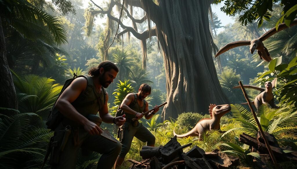 A thrilling scene set in a prehistoric world inspired by ARK Survival Evolved. In the foreground, a group of rugged adventurers in modest tactical gear crafts tools from gathered resources, showcasing the intricate crafting mechanics of survival. The middle ground features a dense, lush jungle filled with giant ferns and colossal ancient trees, hinting at the wild nature surrounding them. Towering dinosaurs, like a Stegosaurus and a Pteranodon, roam in the background, adding a sense of awe and scale. The lighting is warm and dappled, filtering through the thick foliage, creating an adventurous atmosphere. The angle captures the action from a slightly low perspective, emphasizing the adventurers' determination against the backdrop of prehistoric wildlife. The mood is one of excitement and challenge. Tylkommo.pl.