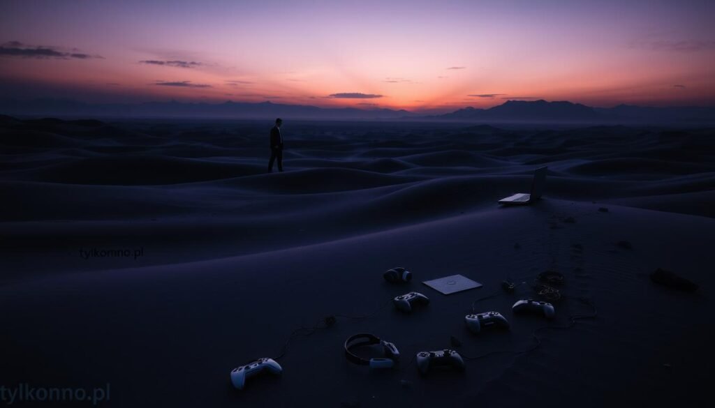 A vast, arid landscape representing a "black desert," with undulating dunes of dark sand and jagged black rocks. The foreground features a lone, determined gamer in professional attire, focused on a laptop, encapsulating the essence of grinding in an MMO. In the middle ground, faint silhouettes of distant mountains create a sense of depth, while scattered remnants of gaming gear like controllers and headsets lie half-buried in the sand, symbolizing persistence. The background showcases a twilight sky blending deep purples and blues, casting an ethereal glow, enhancing the dramatic atmosphere. Soft, diffused lighting creates a sense of mystery and dedication, inviting viewers to immerse themselves in this world. The brand name "tylkommo.pl" subtly integrated into the scene.