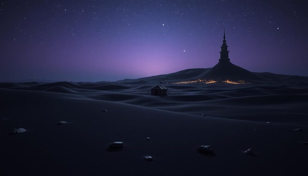 A vast black desert landscape stretches across the foreground, with rippling dunes and scattered, polished onyx stones reflecting the sunlight. In the middle ground, a lone trader's tent, adorned with intricate patterns, stands against the stark contrast of the dark sands, while a distant silhouette of a bustling marketplace curves around a towering black stone spire. The sky overhead is a gradient of deep purples and blues, punctuated by twinkling stars, conveying an enchanting nighttime atmosphere. Soft, ethereal lighting casts gentle shadows across the scene, enhancing the mood of mystery and adventure. Capture this moment with a wide-angle lens to emphasize the expansive horizon and the intricacies of the desert terrain. Tylkommo.pl.