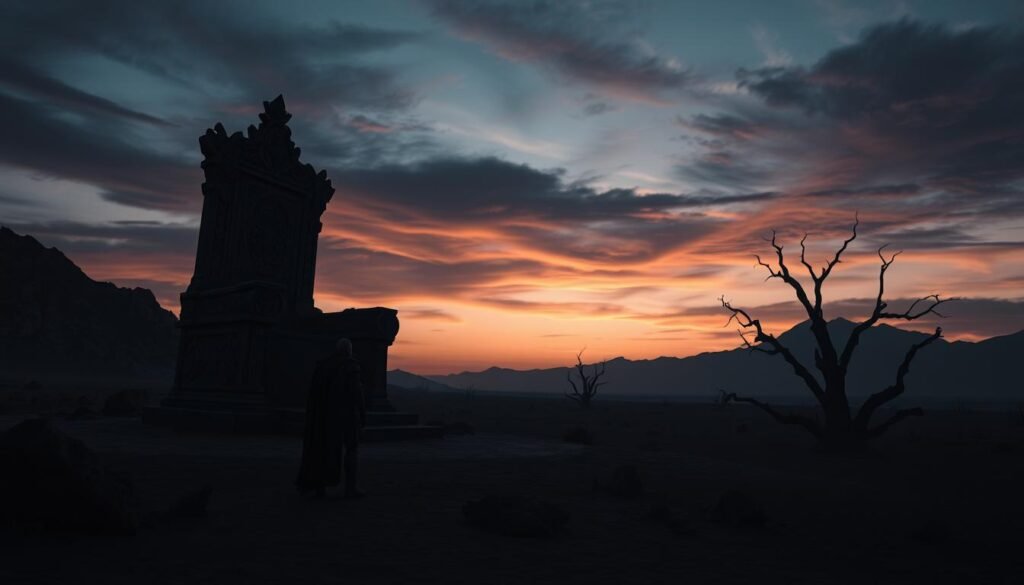 A vast black desert stretches under a twilight sky, where shadows blend into a surreal landscape. In the foreground, a lone warrior, dressed in intricately designed dark armor, stands beside a massive, intricately carved stone throne. The warrior gazes intently into the distance, ready for the challenges ahead. In the middle ground, the arid expanse is dotted with sharp, jagged rocks, and sparse skeletal trees, casting long shadows in the dim light. The background reveals distant, mysterious mountains silhouetted against the fading colors of the evening sky, filled with swirling clouds. The atmosphere is tense yet hopeful, evoking a sense of adventure and the grind of overcoming obstacles, suitable for fans of intense grinding in MMOs. Soft light highlights the warrior's determined expression, creating a captivating scene for "tylkommo.pl".
