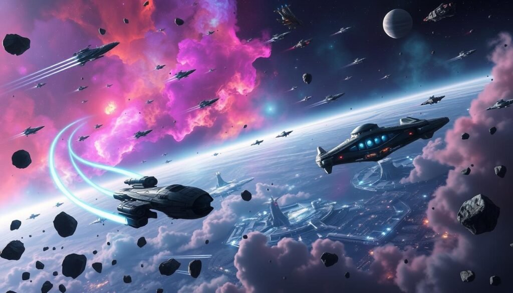A vast cosmic scene inspired by EVE Online, featuring a stunning fleet of diverse spacecraft in intricate designs soaring through a vibrant nebula. In the foreground, a sleek spaceship with dynamic glowing trails navigates through scattered asteroids, reflecting an energetic atmosphere. The middle ground showcases a strategic view of a space station bustling with energy and activity, lit by a soft bluish-white glow. In the background, colorful gas clouds swirl, with distant planetary bodies faintly shining, creating a sense of depth and mystery. The lighting is dramatic, emphasizing the contrast between the dark void of space and the bright colors of the nebula. The overall mood is adventurous and grand, reflecting the immersive experience of exploring the universe in EVE Online. This image captures the essence of the MMO genre and its gameplay dynamics for tylkommo.pl. A vast cosmic scene inspired by EVE Online, featuring a stunning fleet of diverse spacecraft in intricate designs soaring through a vibrant nebula. In the foreground, a sleek spaceship with dynamic glowing trails navigates through scattered asteroids, reflecting an energetic atmosphere. The middle ground showcases a strategic view of a space station bustling with energy and activity, lit by a soft bluish-white glow. In the background, colorful gas clouds swirl, with distant planetary bodies faintly shining, creating a sense of depth and mystery. The lighting is dramatic, emphasizing the contrast between the dark void of space and the bright colors of the nebula. The overall mood is adventurous and grand, reflecting the immersive experience of exploring the universe in EVE Online. This image captures the essence of the MMO genre and its gameplay dynamics for tylkommo.pl.