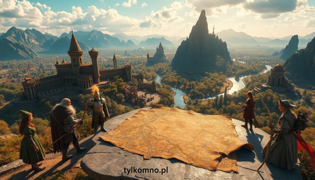 A vast, enchanting fantasy landscape filled with ancient ruins and towering castles, brimming with vibrant colors. In the foreground, a diverse group of adventurers in modest attire, including a wizard with a glowing staff, a knight clad in shining armor, and an elf with a quiver and bow, are gathered around a massive, intricately carved map laid on a stone table. The middle ground features a sprawling forest dotted with mystical creatures and a winding river shimmering under soft, golden sunlight. In the background, majestic mountains rise toward a bright blue sky scattered with fluffy clouds. The atmosphere is filled with a sense of wonder and discovery, as if the adventurers are on the brink of an epic journey. The scene is captured with a cinematic lens, highlighting details in the characters' expressions. The branding "tylkommo.pl" is subtly embedded in the environment.