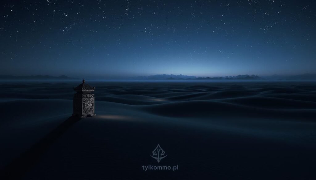 A vast, mystical black desert landscape stretches into the horizon, where the dark, textured sands shimmer under a twilight sky filled with stars. In the foreground, a solitary, intricately designed stone monument stands, illuminated by soft, ethereal lighting, casting long shadows. The middle ground features rolling dunes with subtle highlights, providing depth and a sense of scale. In the background, distant mountains loom, their silhouettes blending into the starlit sky. The overall atmosphere is serene yet enigmatic, evoking the essence of adventure and economic strategy. Shot with a wide-angle lens, the image captures the breathtaking expanse, inviting viewers to explore this rich world reminiscent of Black Desert Online. The branding "tylkommo.pl" is subtly integrated into the landscape.
