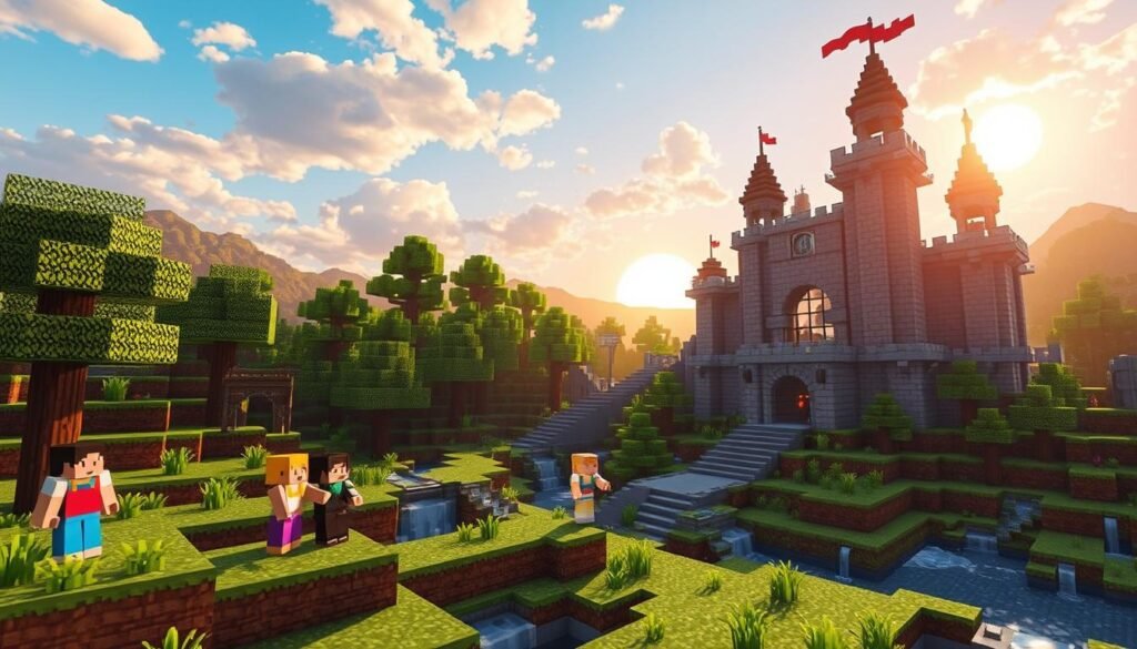 A vibrant Minecraft scene showcasing creative building, with a diverse landscape in the foreground. Include a group of blocky avatars, each wearing colorful outfits, working together to construct a fantastical castle made of various materials like wood, stone, and glass. In the middle ground, add lush, green trees and a flowing river, emphasizing the natural beauty of the environment. The background features a bright, pixelated sky with fluffy clouds and a setting sun casting warm, golden light over the scene, creating a cozy atmosphere. Capture the essence of teamwork and creativity, reflecting the essence of Minecraft as a foundation for imaginative building. Tylkommo.pl.
