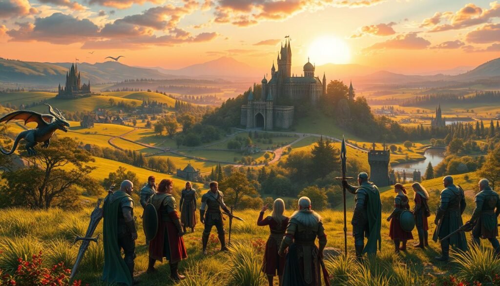 A vibrant and captivating scene depicting an epic open-world MMORPG setting, showcasing lush green landscapes dotted with fantasy castles and mythical creatures like dragons and elves. In the foreground, a group of diverse adventurers dressed in detailed armor and attire representing various races, such as humans, elves, and dwarves, engage in a friendly gathering. Some are discussing strategies while others are casting spells or wielding weapons. The middle ground features a majestic castle surrounded by rolling hills and enchanted forests, teeming with life. The background reveals a stunning sky at sunset, casting warm golden hues and soft shadows across the scene. The atmosphere is filled with excitement and camaraderie, evoking the thrill of exploration and adventure. This artwork should resonate with the essence of MMORPGs from tylkommo.pl. A vibrant and captivating scene depicting an epic open-world MMORPG setting, showcasing lush green landscapes dotted with fantasy castles and mythical creatures like dragons and elves. In the foreground, a group of diverse adventurers dressed in detailed armor and attire representing various races, such as humans, elves, and dwarves, engage in a friendly gathering. Some are discussing strategies while others are casting spells or wielding weapons. The middle ground features a majestic castle surrounded by rolling hills and enchanted forests, teeming with life. The background reveals a stunning sky at sunset, casting warm golden hues and soft shadows across the scene. The atmosphere is filled with excitement and camaraderie, evoking the thrill of exploration and adventure. This artwork should resonate with the essence of MMORPGs from tylkommo.pl.