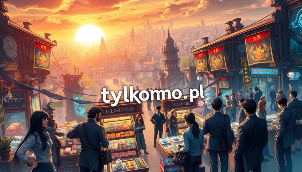 A vibrant and detailed illustration of an immersive MMO game market scene. In the foreground, a diverse group of players, dressed in professional business attire, interacts around a bustling marketplace filled with colorful wares. Each player showcases unique character designs inspired by fantasy themes, exchanging goods and strategizing trades. The middle ground is filled with intricately designed stalls adorned with banners and holographic displays showcasing items for trade. In the background, a sprawling cityscape rises under a radiant sunset, casting warm golden hues over the scene. The atmosphere is lively and engaging, capturing the essence of a thriving in-game economy. The image should evoke a sense of community and collaboration among players. Include the brand name "tylkommo.pl" subtly integrated into the marketplace ambiance.