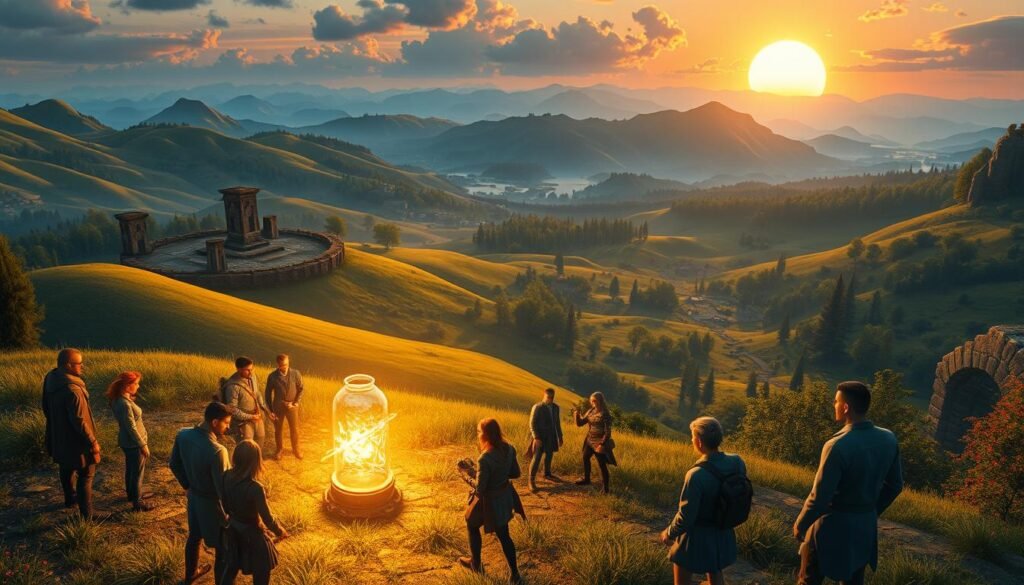 A vibrant and dynamic MMORPG scene showcasing character development and exploration freedom. In the foreground, a group of diverse, professionally dressed players gather around a glowing magical artifact, their characters displaying unique abilities and styles. The middle ground features a lush, expansive landscape with rolling hills, ancient ruins, and a mystical forest, hinting at adventure. In the background, a stunning sun sets behind distant mountains, casting warm, golden light over the scene. The mood is one of excitement and camaraderie, with players strategizing and sharing ideas. Capture the essence of creativity and freedom in character progression. The image should evoke nostalgia for classic MMO games, reflecting the playful yet serious nature of the genre. Include the brand "tylkommo.pl" subtly in the composition.