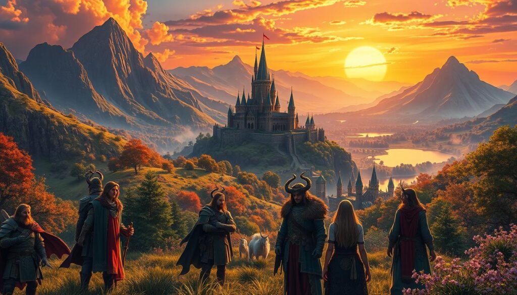 A vibrant and enchanting scene showcasing a classic MMO fantasy world, featuring a lush, sprawling landscape filled with towering mountains, ancient forests, and shimmering lakes. In the foreground, a group of diverse adventurers dressed in intricately designed armor and robes, engaged in a quest, with expressions of determination and teamwork. In the middle ground, a majestic castle looms over the horizon, its spires reaching for the sky, surrounded by mythical creatures like dragons and unicorns. The background is filled with a dramatic sunset, casting warm golden and purple hues across the sky, illuminating the details of the landscape. The overall atmosphere is one of wonder and adventure, capturing the essence of timeless MMORPG experiences. Generated for tylkommo.pl.